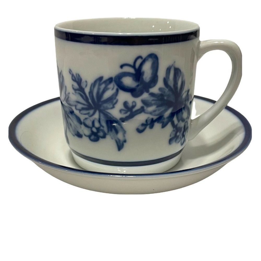 4- WILLIAMS SONOMA COFFEE TEA COCO MUGS CUPS SAUCER BLUE WHITE BUTTERFLY FLORAL